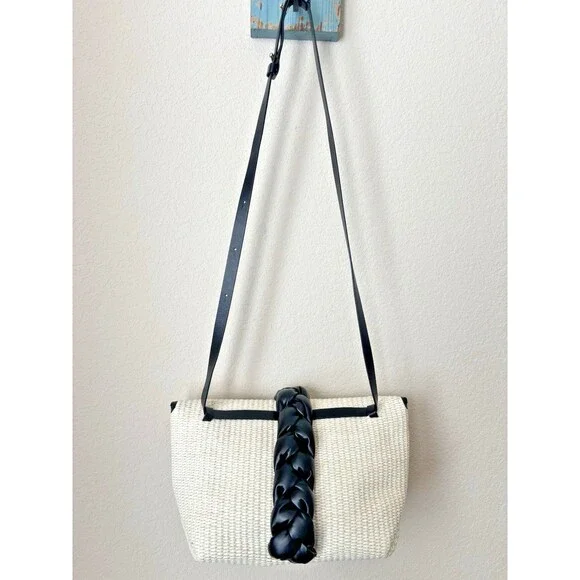 DeMellier Natural Raffia Black Braided Leather Verona Bag - New
